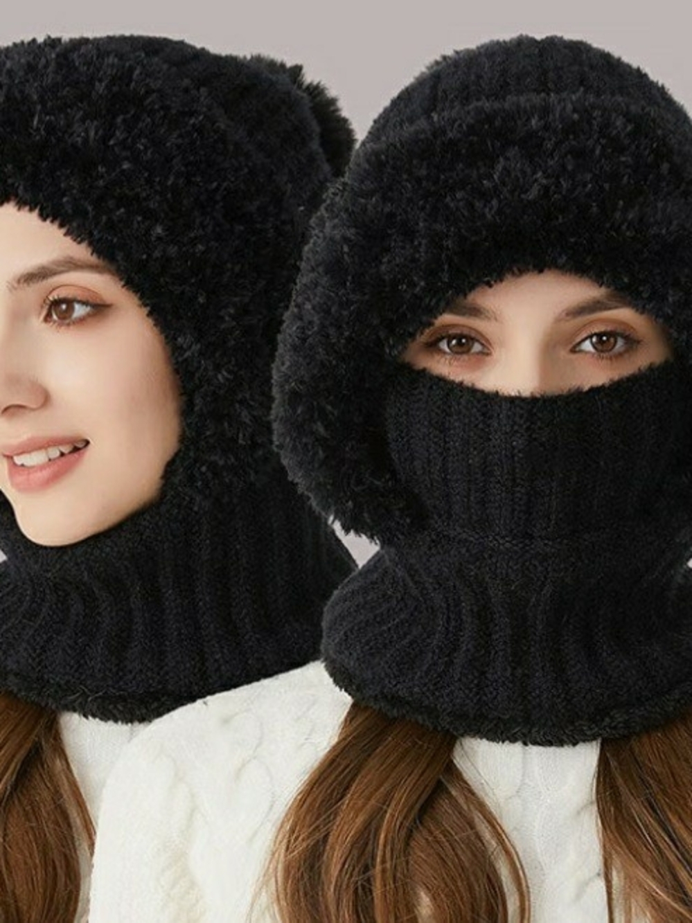 Black Faux-Fur Knit Balaclava Hood - Women
